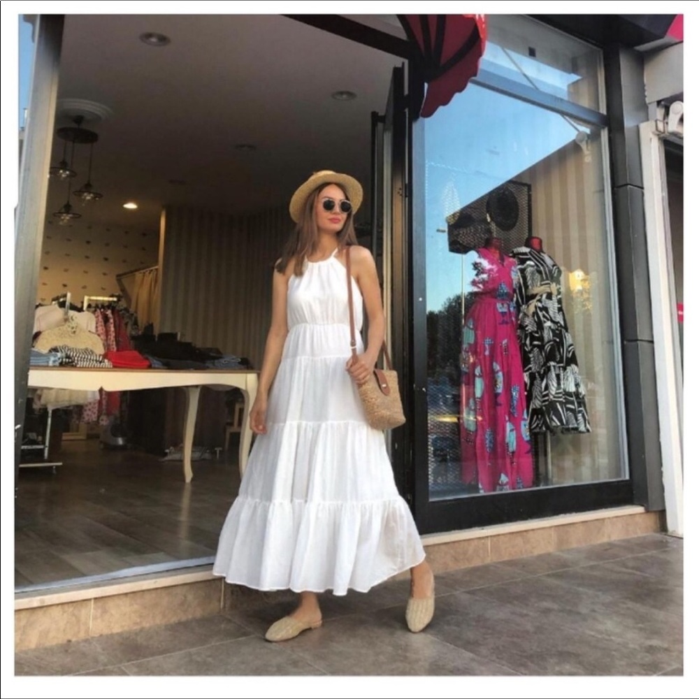 ZARA WHITE 100% LINEN HALTER BELTED FULLY LINED MAXI DRESS